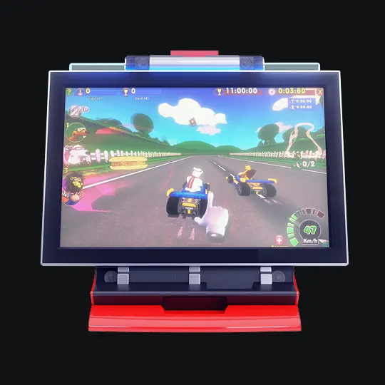 A touchscreen countertop arcade machine on a home bar counter with a racing game on screen