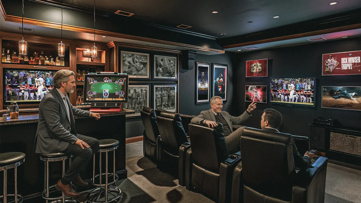 JVL ECHO countertop arcade machine on the bar counter of a home bar and media room