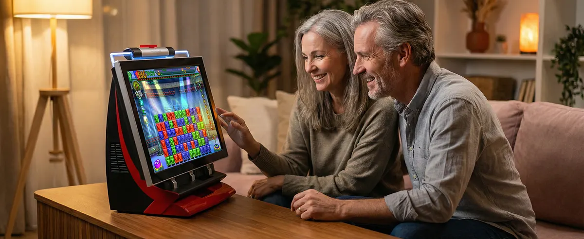 A couple playing a puzzle game together on a JVL ECHO bartop arcade at home in warm evening light