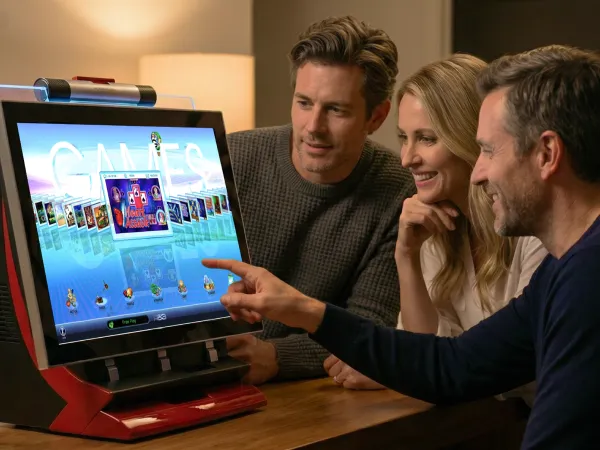 Friends gathered around a JVL ECHO HD3 touchscreen bartop arcade machine on a home bar counter