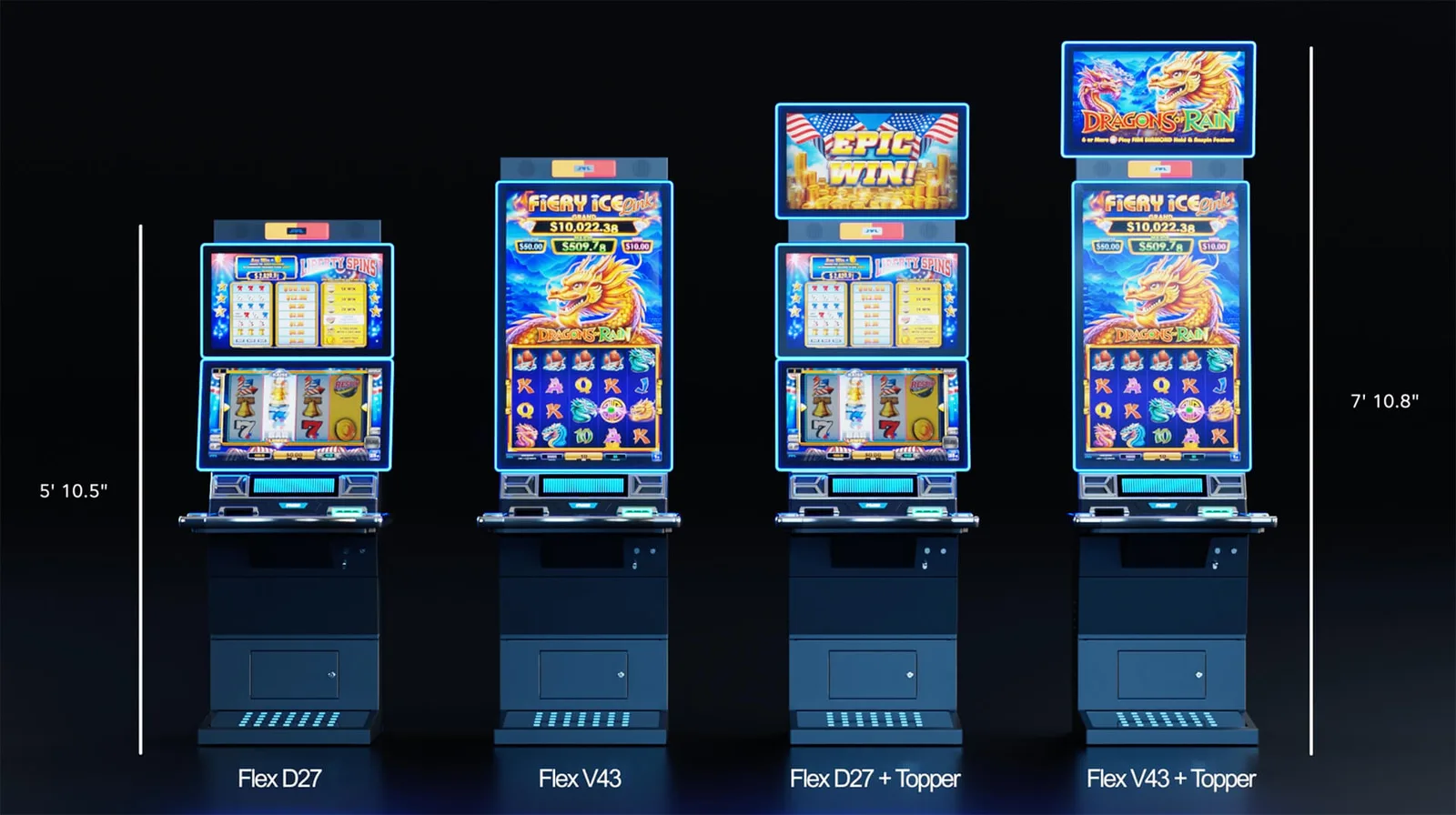 Four FLEX cabinets in a row: the D27 has two stacked horizontal screens, the V43 a single tall vertical one.
