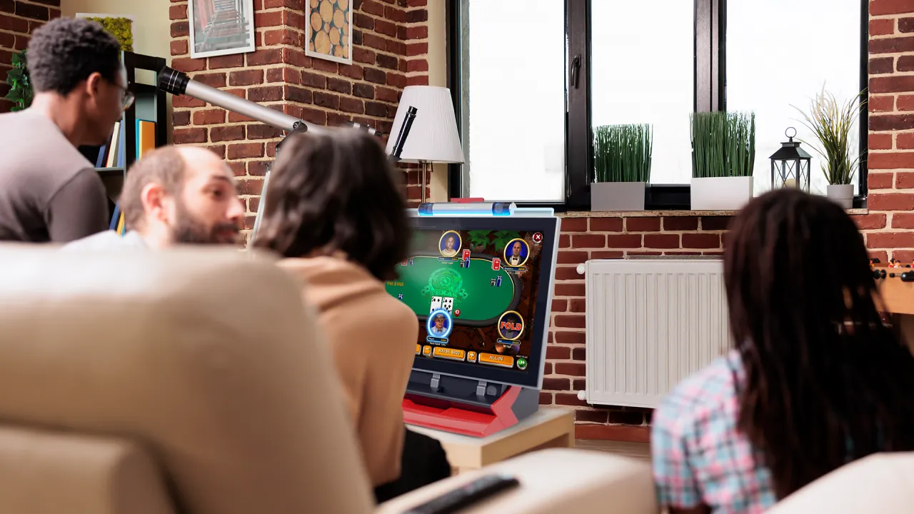 Friends playing poker on JVL Echo poker and puzzle arcade machine - multiplayer bartop arcade in modern living room