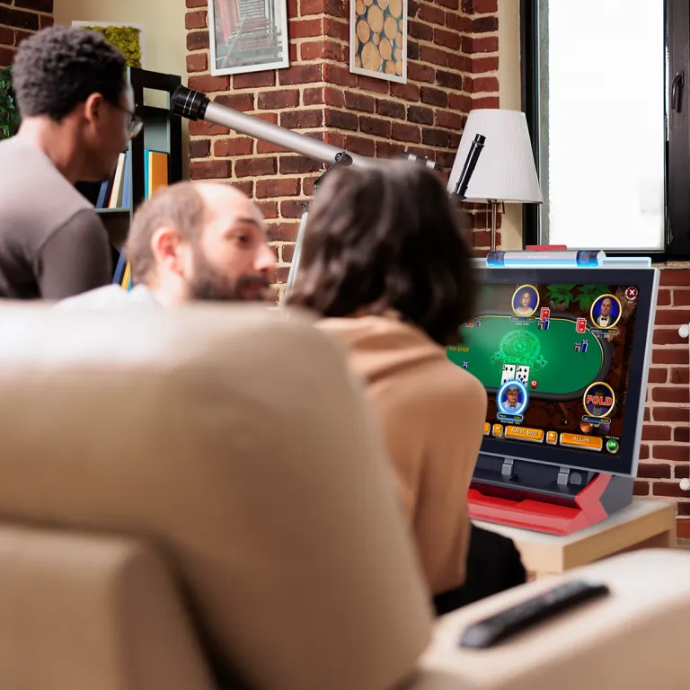 Friends playing poker on JVL Echo poker and puzzle arcade machine - multiplayer bartop arcade in modern living room